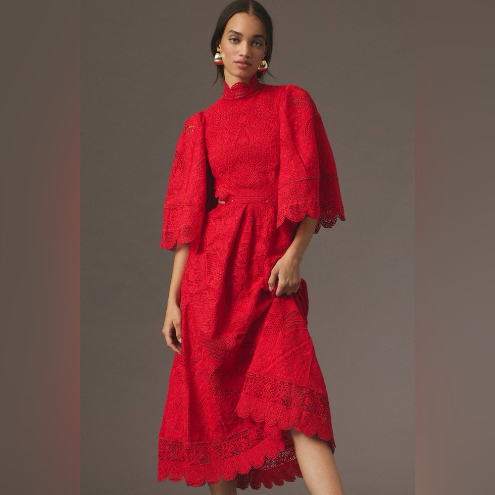 FARM RIO Dark Magenta Guipure Cut Out Midi Dress